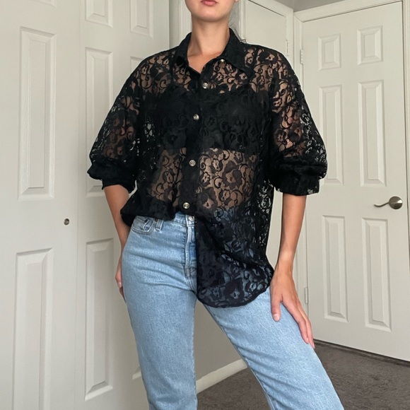 Vintage Fritz and Floyd• Black Lace Sheer Button Down Shirt/ Blouse - Picture 2 of 11